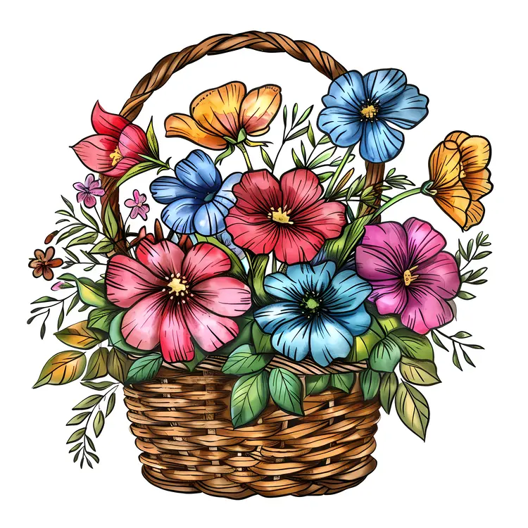 Hand-Drawn Flower Basket with Blooming Flowers