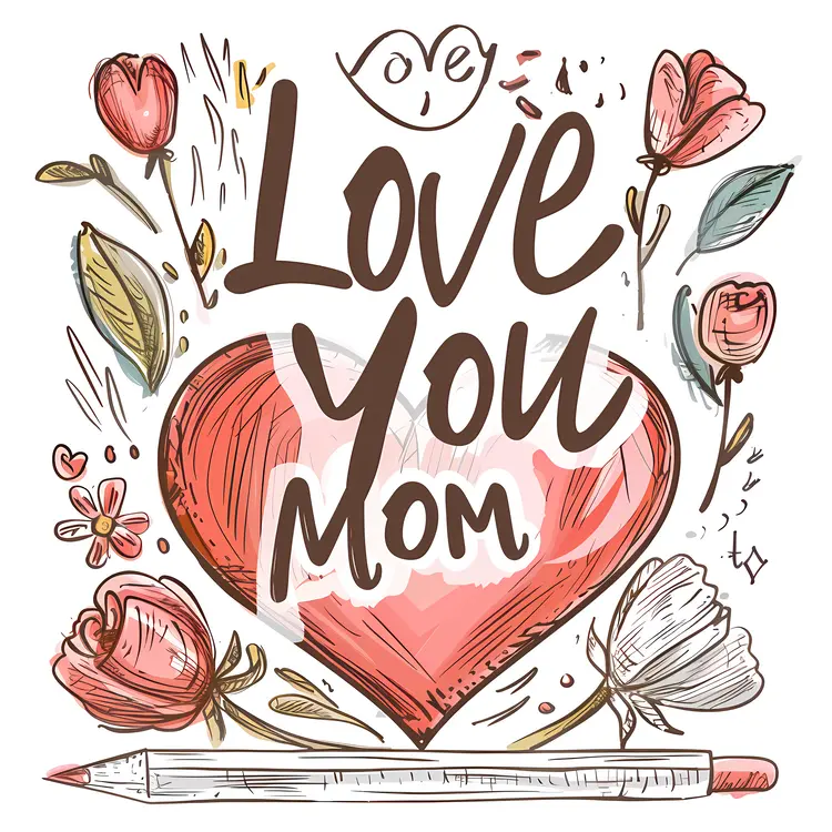 Love You Mom Greeting Card with Heart and Flowers