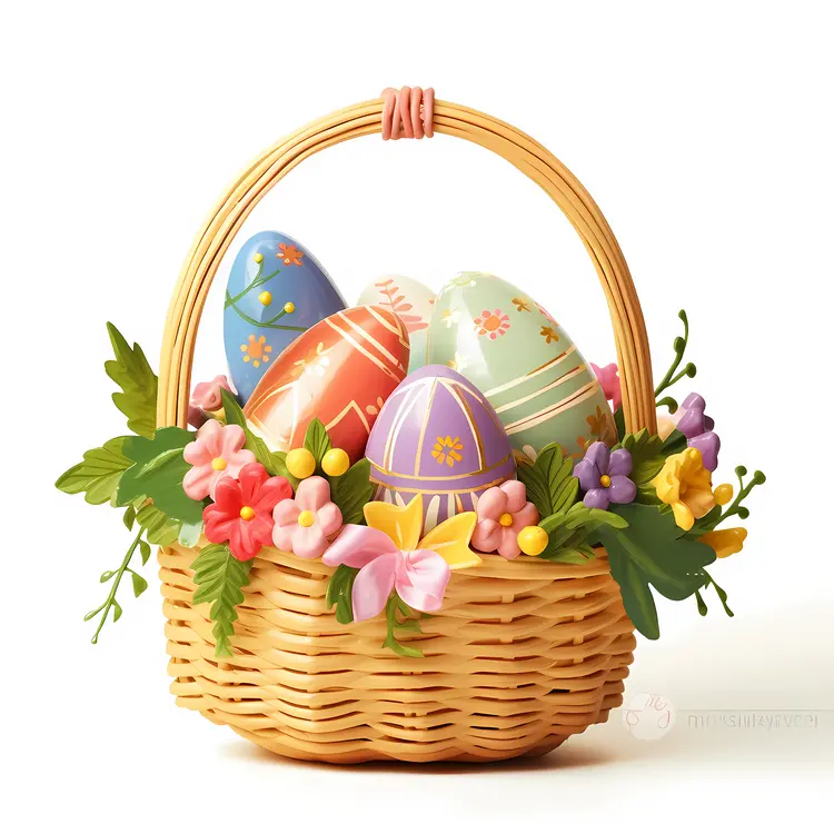 Easter Basket with Decorated Eggs and Flowers