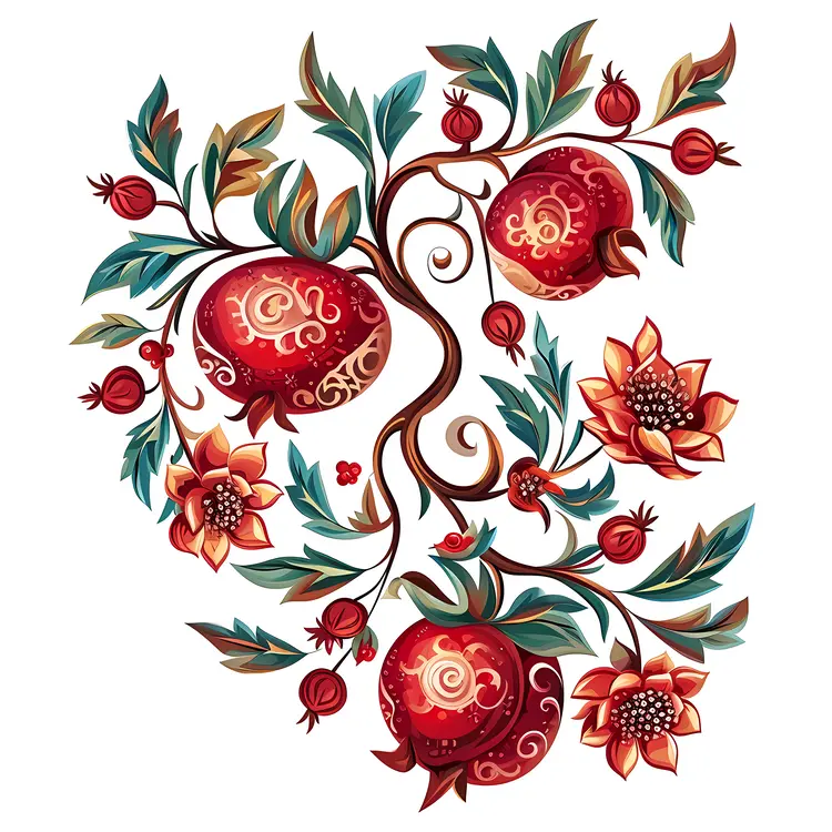 Pomegranate Branch with Flowers