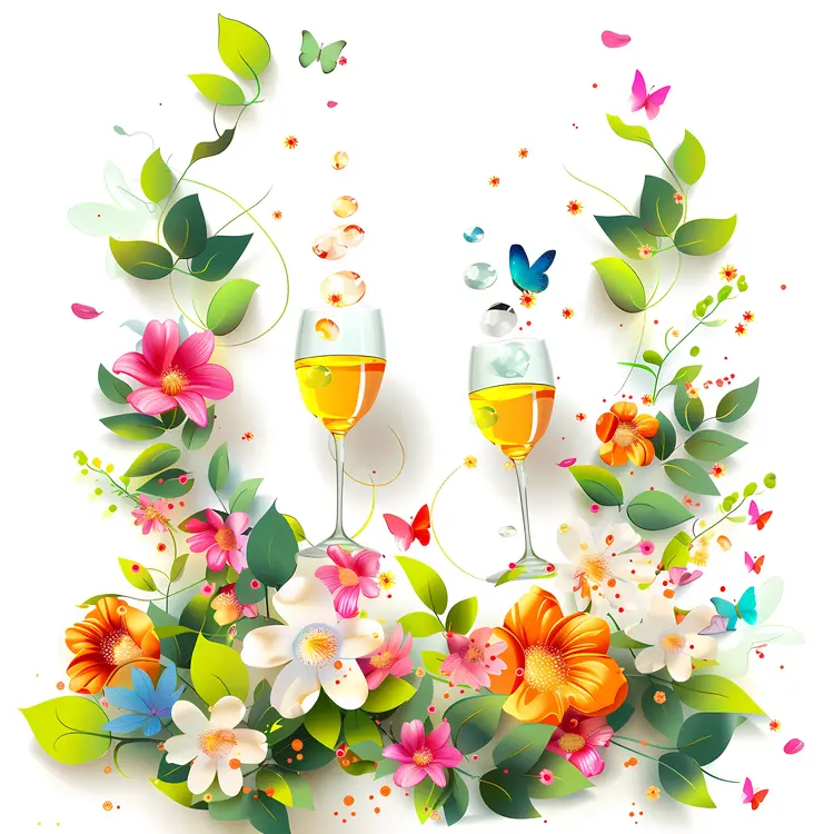 Wine Glasses with Flowers and Butterflies