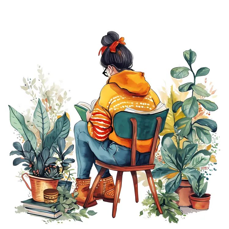 Woman Reading on Chair with Plants