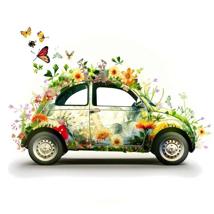 Side View of Vintage Car with Flowers and Butterflies