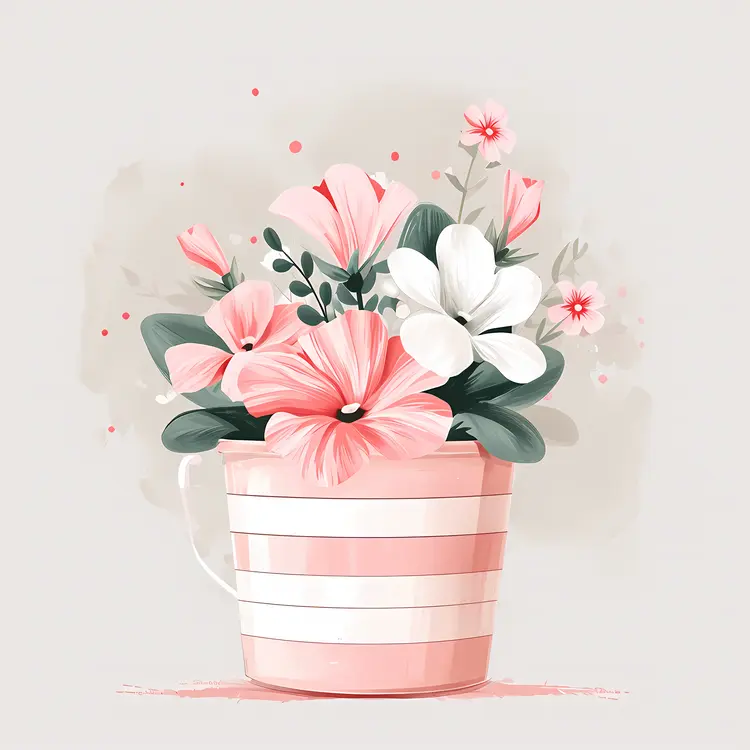 Pink and White Petunias in Striped Bucket