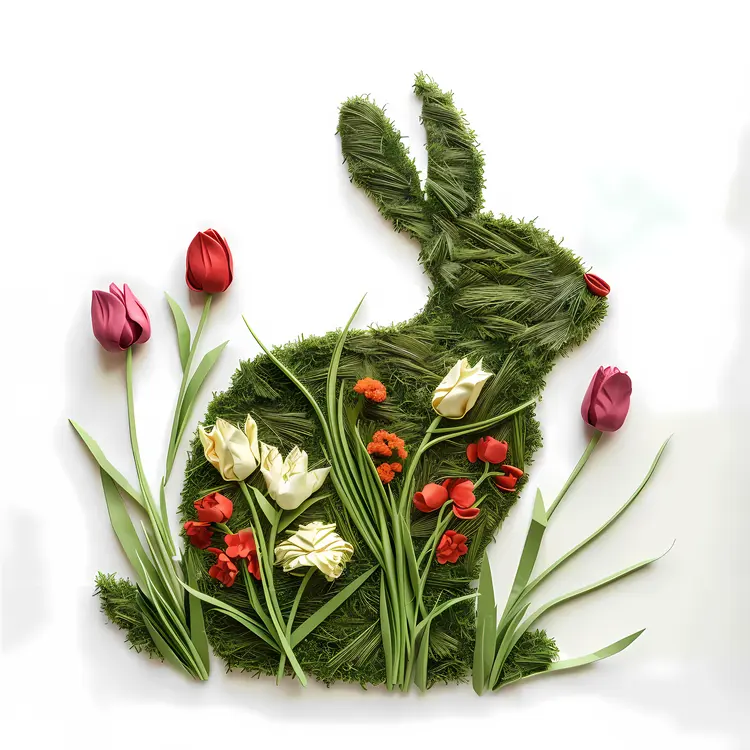 Grass Rabbit Silhouette with Tulips