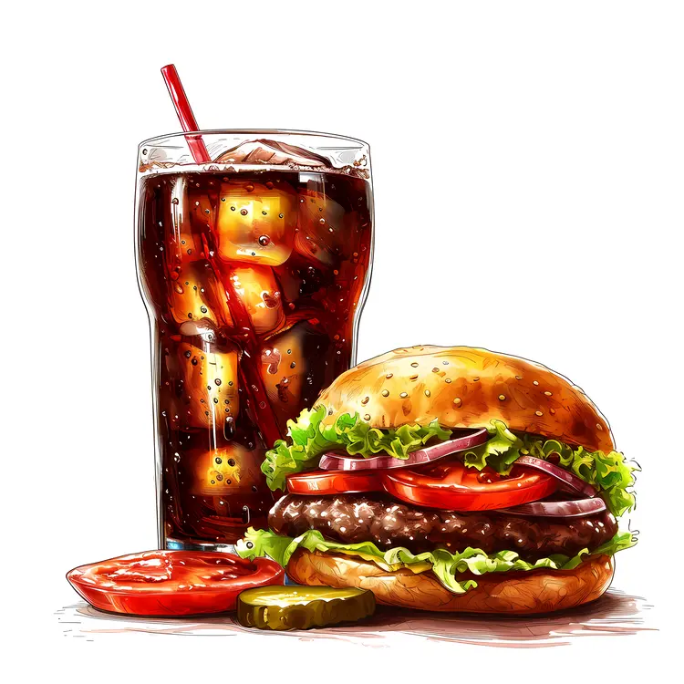 Burger and Soda with Pickles Illustration