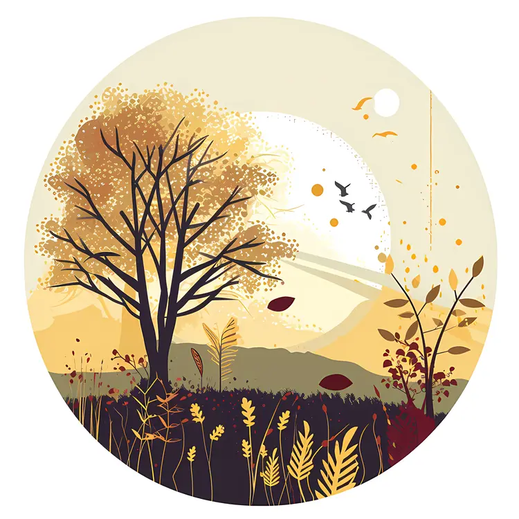 Abstract Tree with Sun and Autumn Leaves