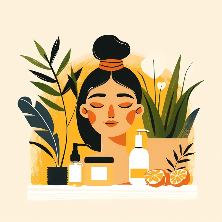 Woman with Skincare Products and Plants