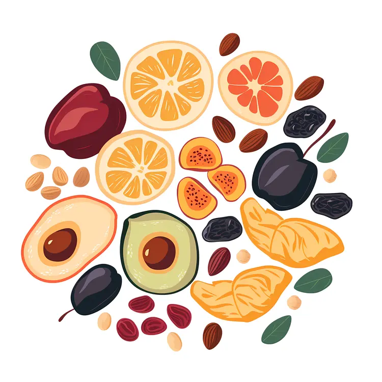 Illustration of Various Dried Fruits and Nuts