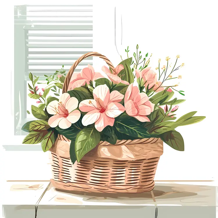Pink and White Flowers in a Wicker Basket