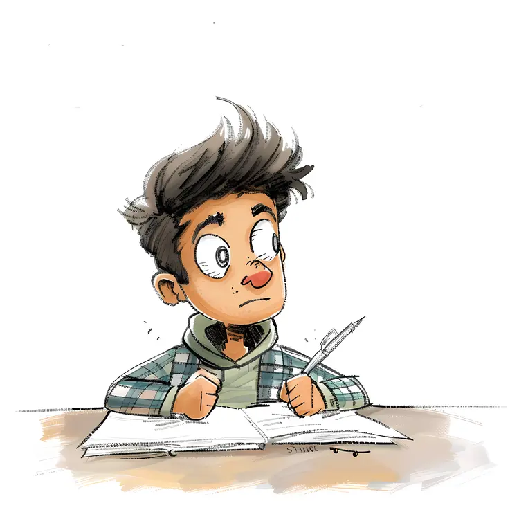 Cartoon Boy Writing at Desk