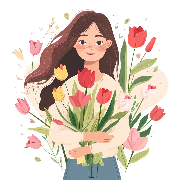 Smiling Woman with Tulips Illustration