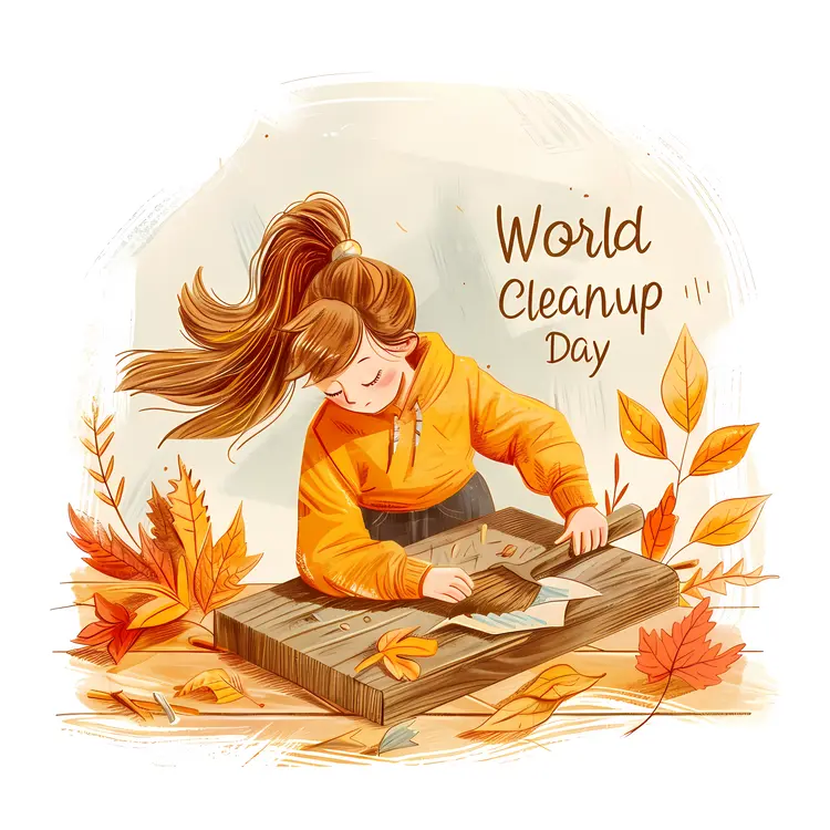 World Cleanup Day Sign with Girl Cleaning