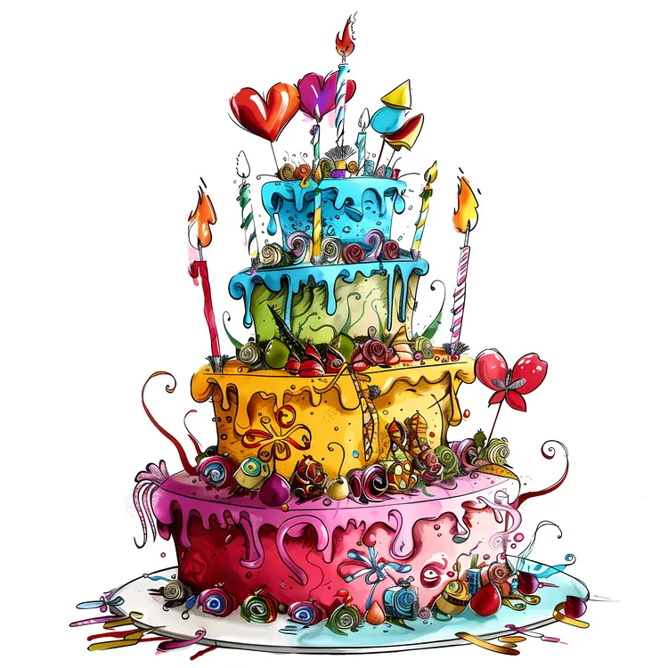 Colorful Tiered Cake with Candles and Hearts