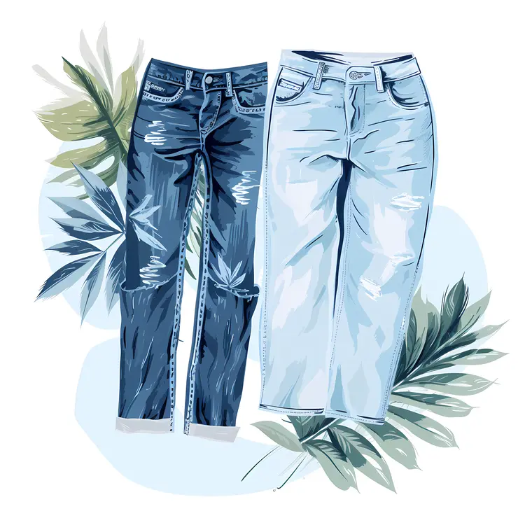 Blue and White Jeans with Leaf Background