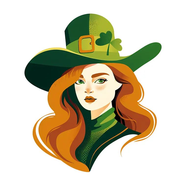 Red-Haired Woman in Green Hat with Shamrock