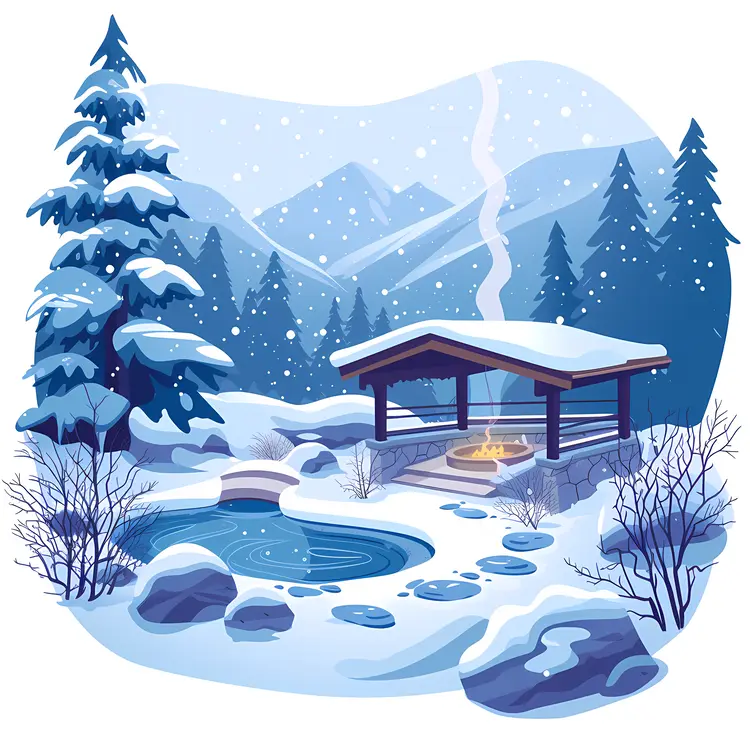 Snowy Hot Spring with Mountain View