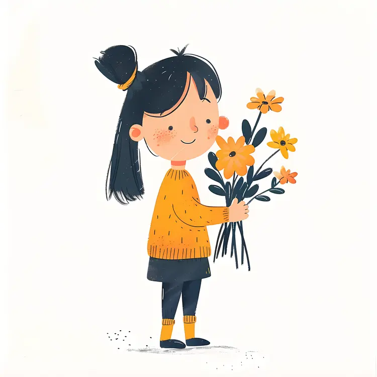 Happy Girl Holding Flowers in Colorful Illustration