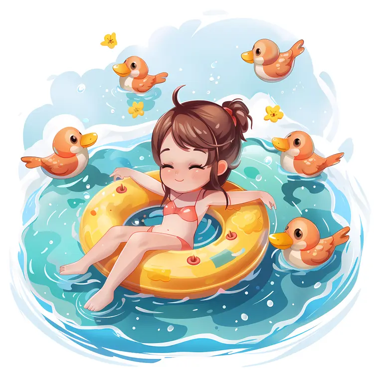 Relaxing Girl with Ducks in Pool