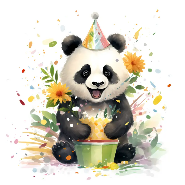 Happy Panda with Party Hat and Flowers