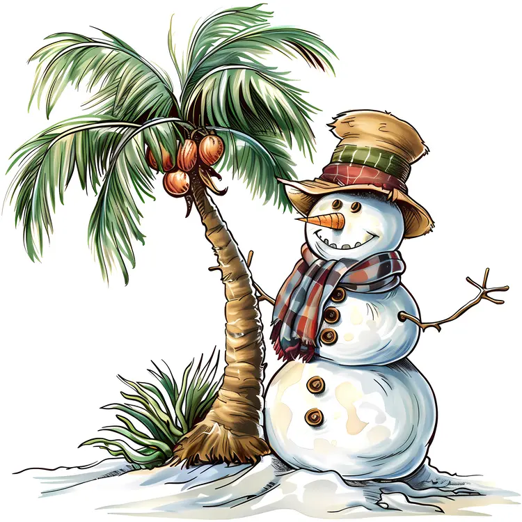 Snowman and Palm Tree on a Tropical Beach
