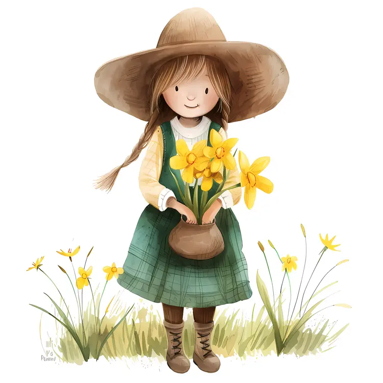 Girl with Green Dress Holding a Pot of Flowers