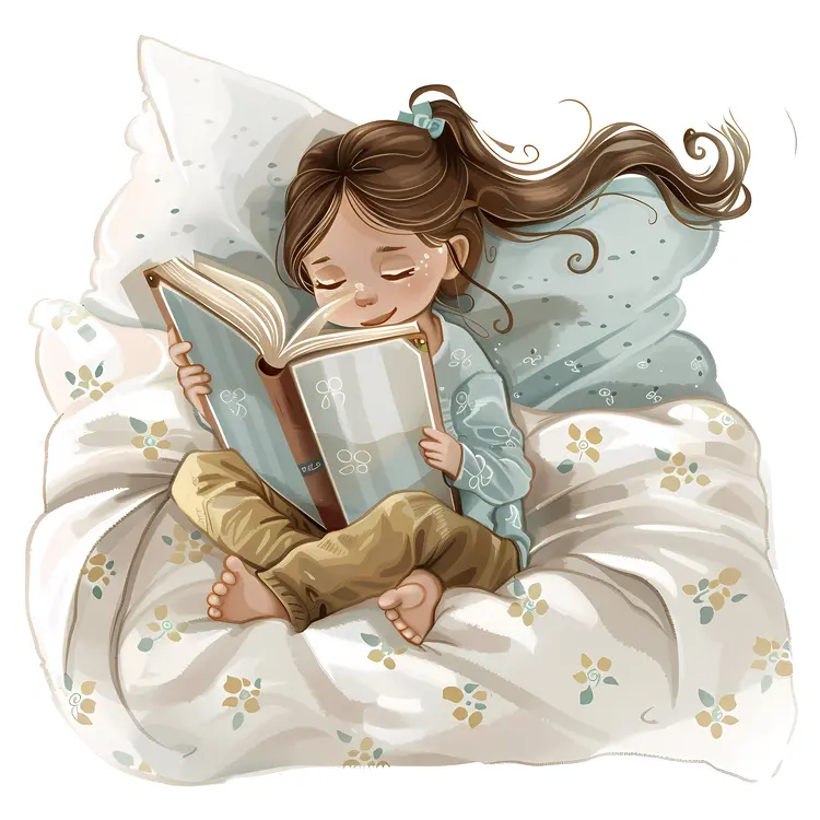 Girl Reading a Book in Bed