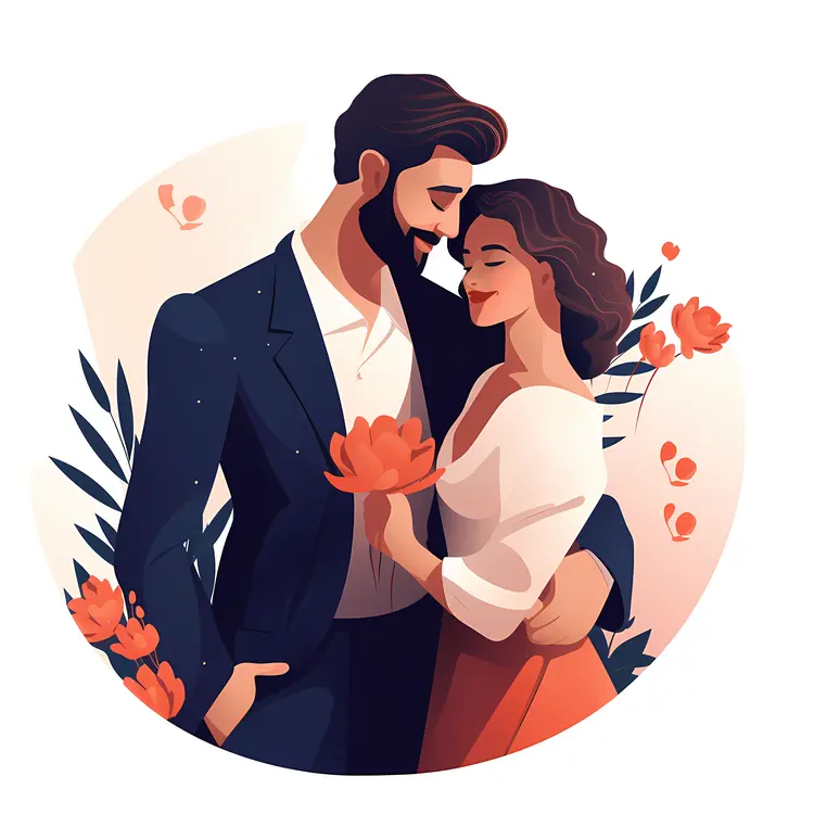 Romantic Couple with Flowers Illustration