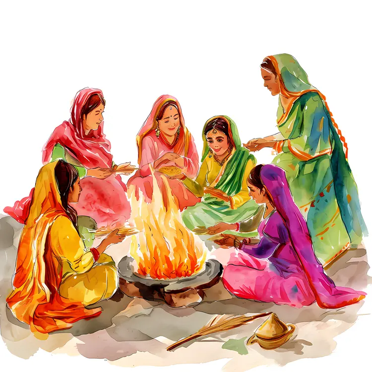Women in Traditional Attire Around Bonfire