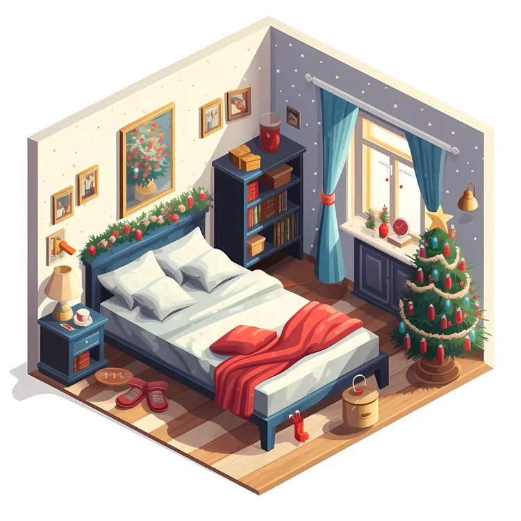 Bedroom with Christmas Tree and Decor