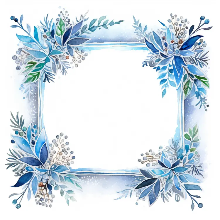 Blue Botanical Frame with Leaves and Berries
