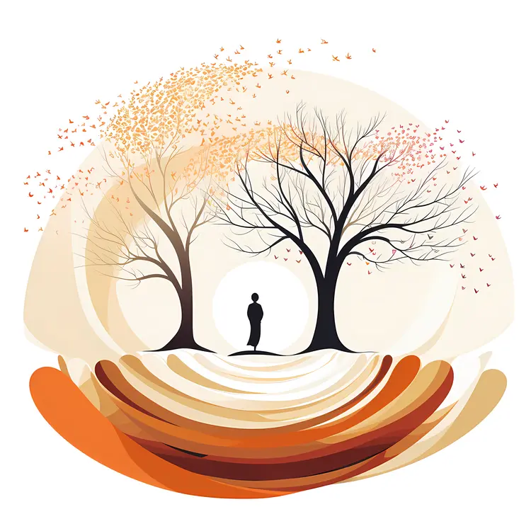 Two Trees with a Person in a Seasonal Landscape