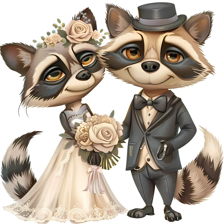 Cute Raccoon Couple in Wedding Attire