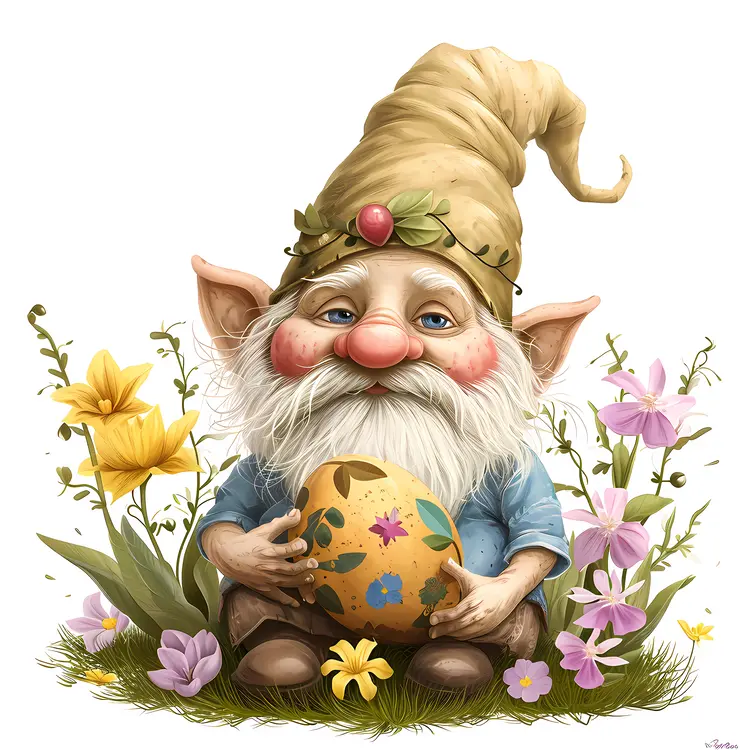 Gnome with Easter Egg and Flowers