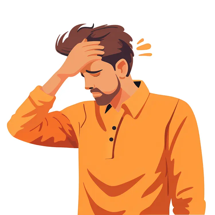 Stressed Man Holding Head in Orange Shirt