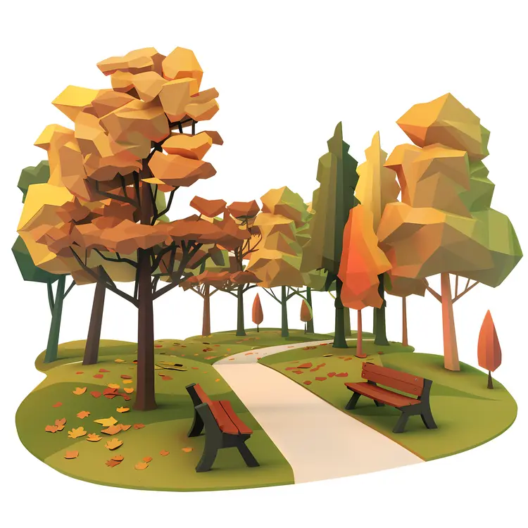 Autumn Trees in a Park with Benches and Pathway