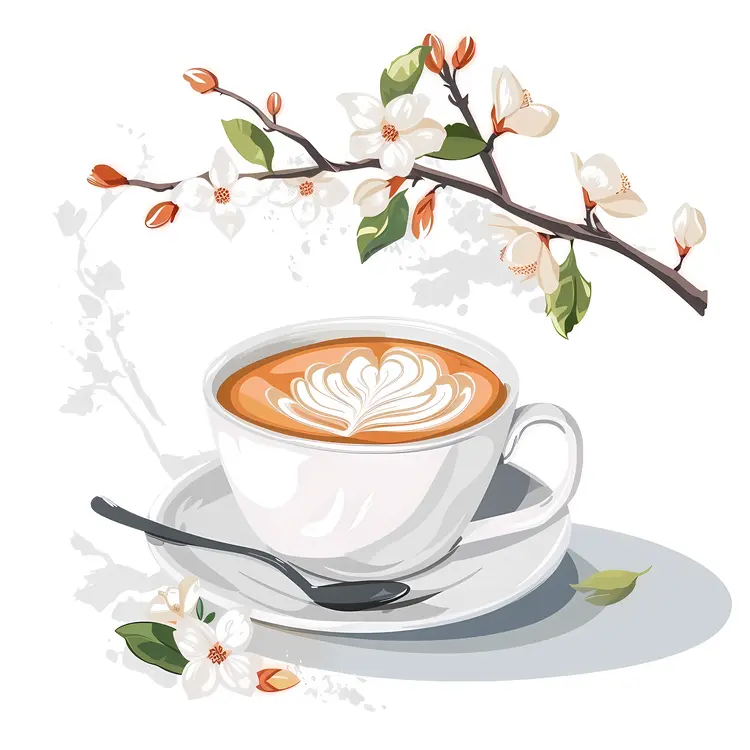 Beautiful Coffee Cup with Latte Art and Blossoms