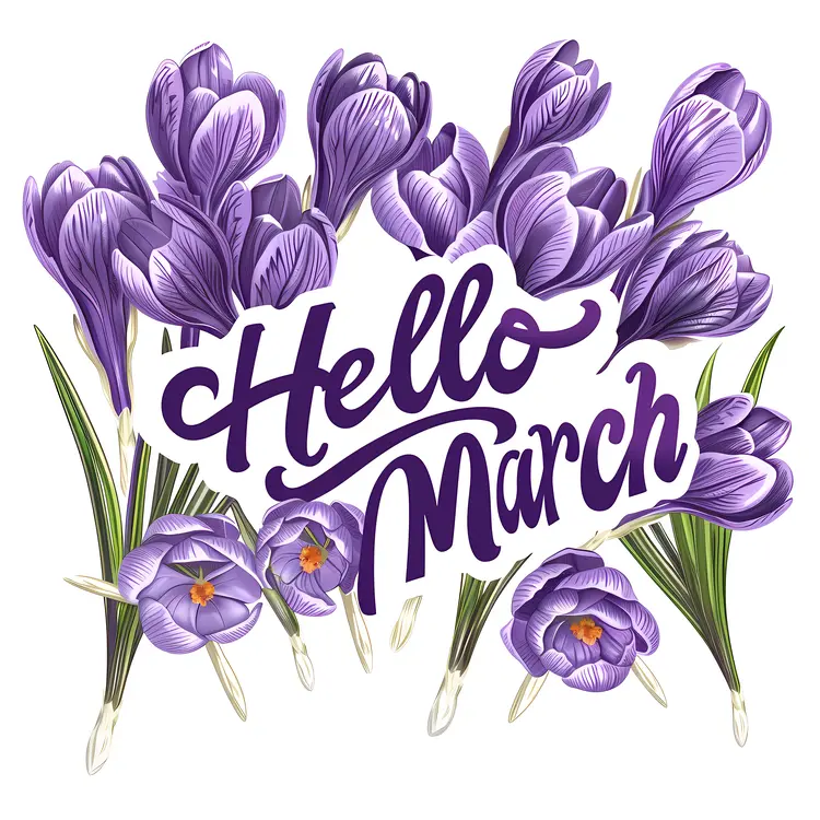 Hello March with Purple Flowers Illustration