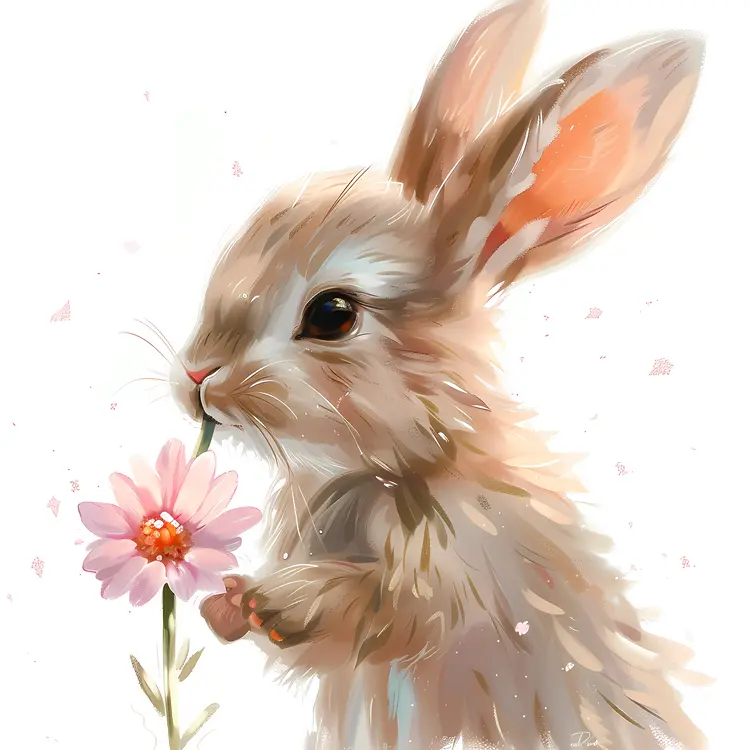Cute Bunny Holding a Pink Flower