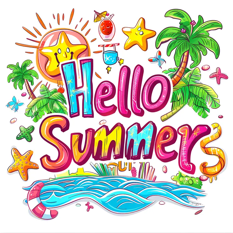 Colorful Hello Summer Beach Illustration