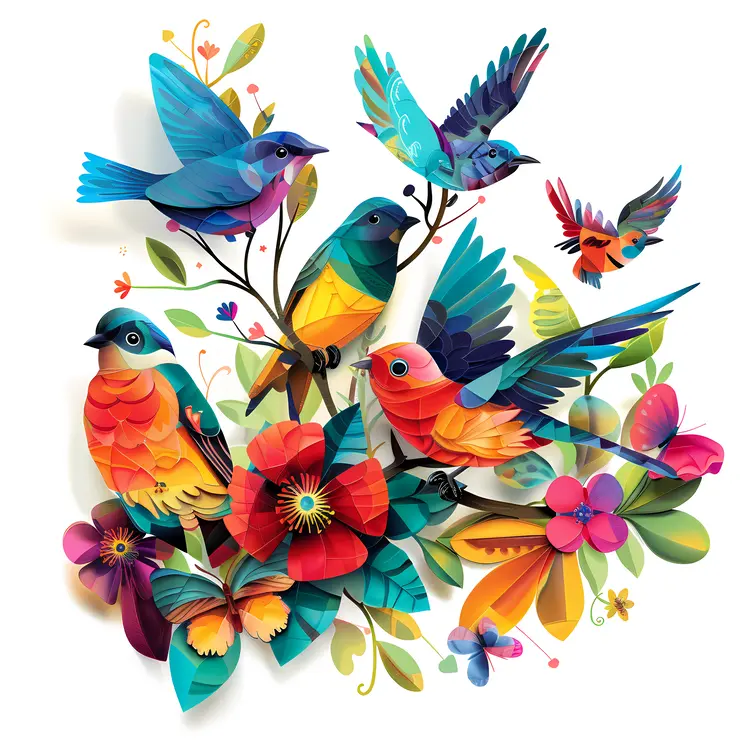 Colorful Birds with Flowers