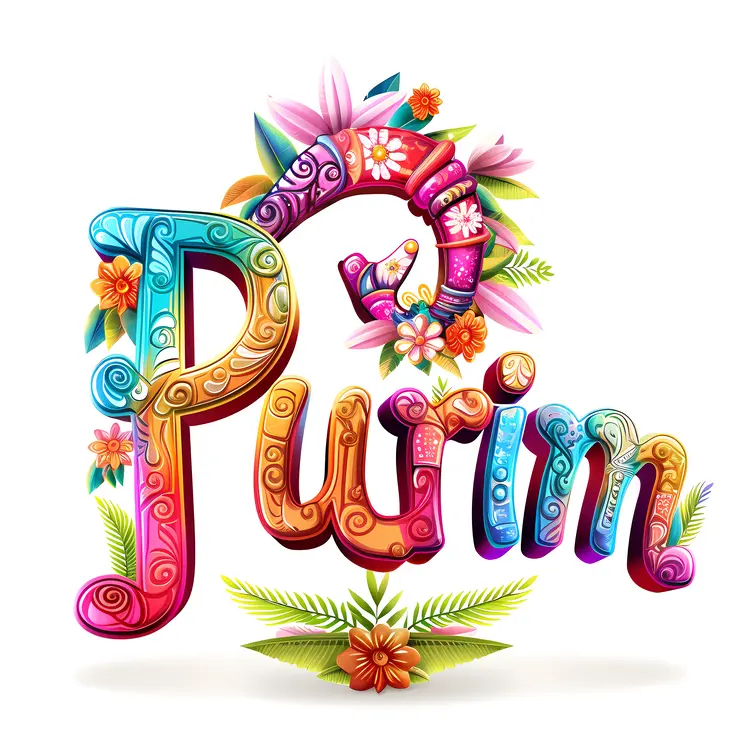 Purim Text with Flowers and Colorful Decorations