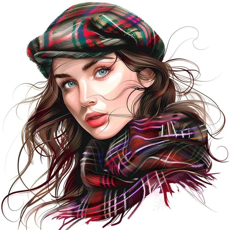 Woman in Plaid Hat and Scarf