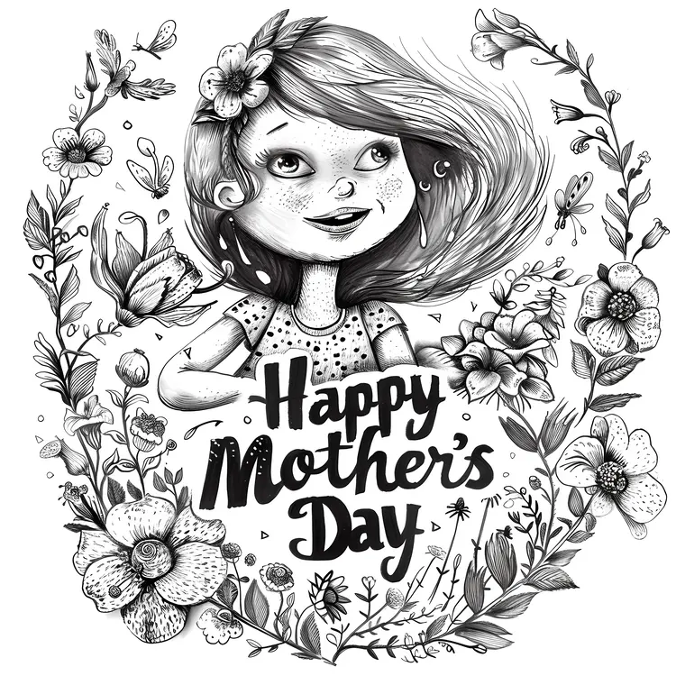 Happy Mother's Day Black and White Illustration