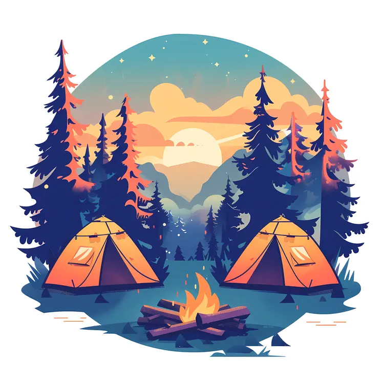Sunset Camping Scene with Tents and Campfire
