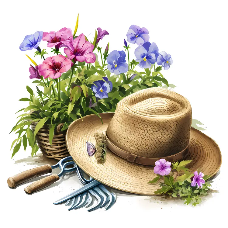 Straw Hat and Colorful Flowers with Gardening Tools