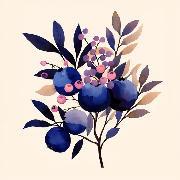 Watercolor Blueberries with Leaves