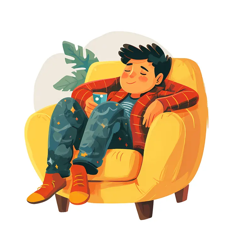 Boy Relaxing with Phone in Yellow Chair
