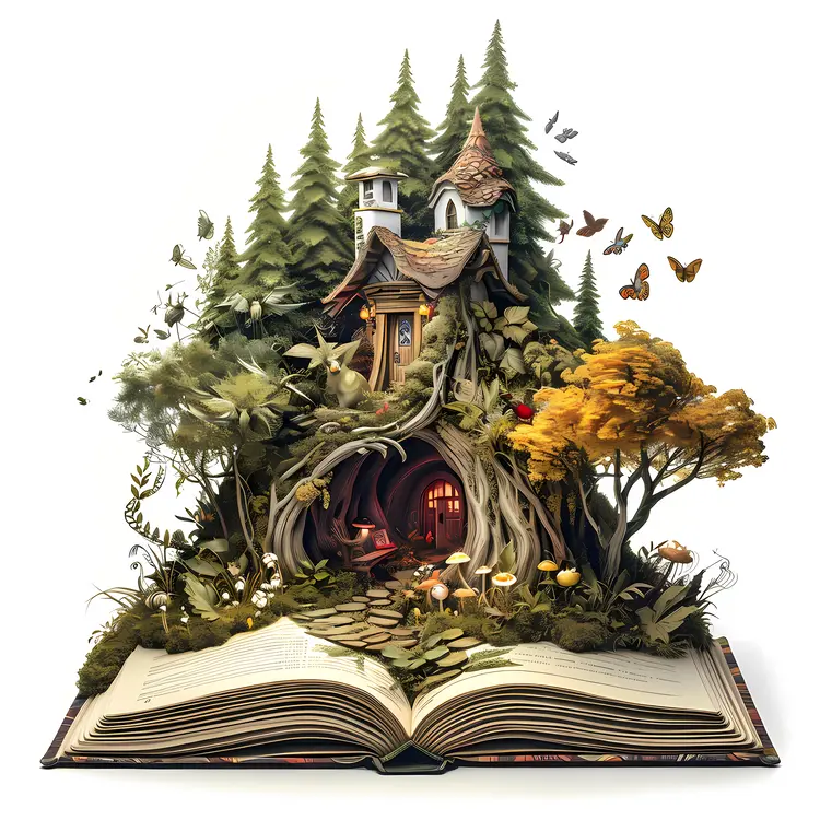 Fairy Tale Book with House and Tree