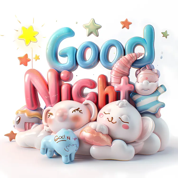 Good Night Text with Cute Characters and Stars